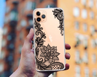Black Lace Floral iPhone Case: Clear Silicone Cover