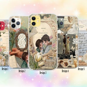 Könnte beinhalten: Fünf verschiedene Handyhüllen-Designs mit einer Collage aus Vintage-Bildern, Text und floralen Mustern. Die Designs beinhalten Zitate aus Jane Austens "Stolz und Vorurteil", einen Totenkopf und gekreuzte Knochen sowie ein Blumenmuster mit dem Text "Ich habe gelächelt, ich habe geseufzt".