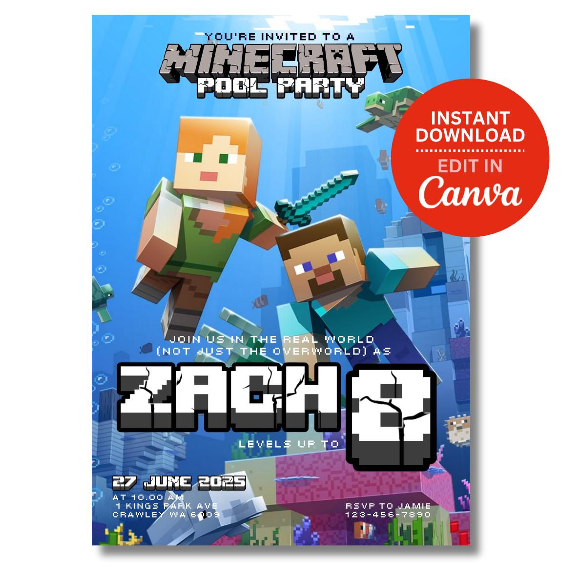Custom Minecraft Pool Party Invite