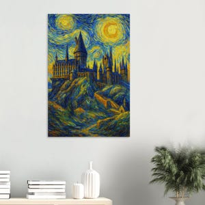 Poster artistico in stile Van Gogh di Harry Potter Hogwarts / Arte murale ispirata alla Notte stellata / Decorazione da mago