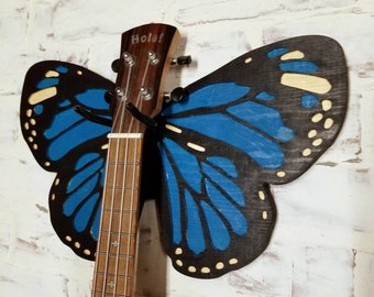 Custom ukulele wall mount, musician gifts, instrument display, recording studio decor, ukulele hanger, blue butterfly mount, ukulele gifts