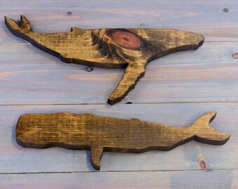 Wood whale wall art for nursery set of 2, coastal decor beach house decor for wall, ocean nursery decor, whale gifts, beach bathroom wall