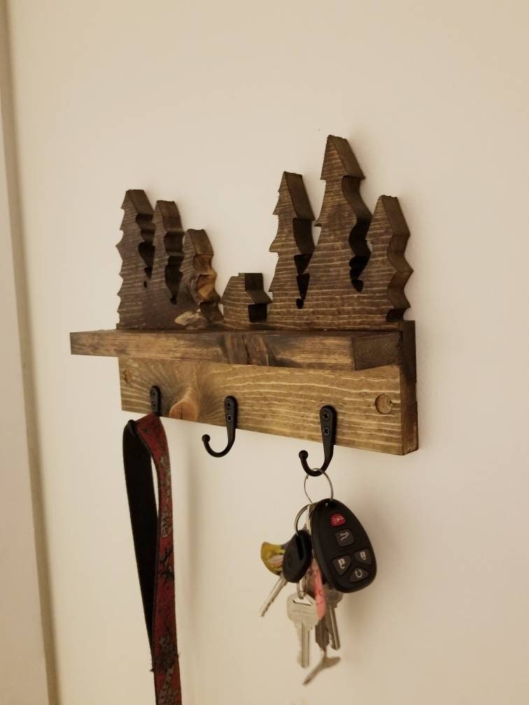 Pine Tree Key Holder for Wall With Shelf, Rustic Cabin Decor, Entryway ...