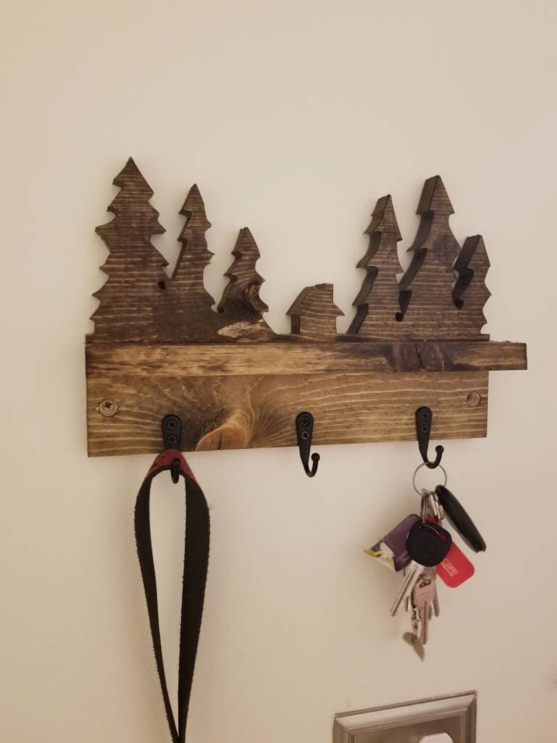Pine Tree Key Holder for Wall With Shelf, Rustic Cabin Decor, Entryway ...