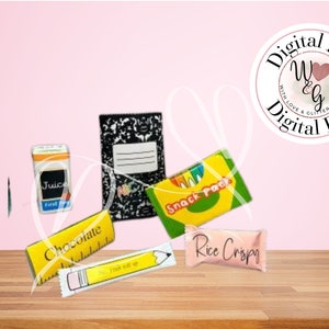 May include: A collection of miniature school-themed items, including a juice box, notebook, candy bar, snack pack, and a pencil-shaped treat. The items are arranged on a wooden surface against a pink background. The image also includes a digital file logo.