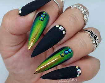 Matte Black Teal Pressons, Press-on Nails, Multichrome Nails