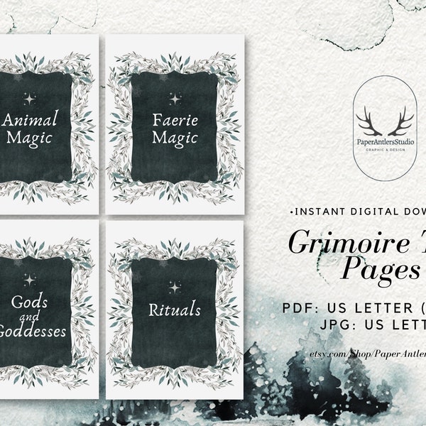 Book of Shadows Cover Title Pages, Dividers | Grimoire Title Pages Dividers | Witch Planner, Digital Download Printable, Watercolor