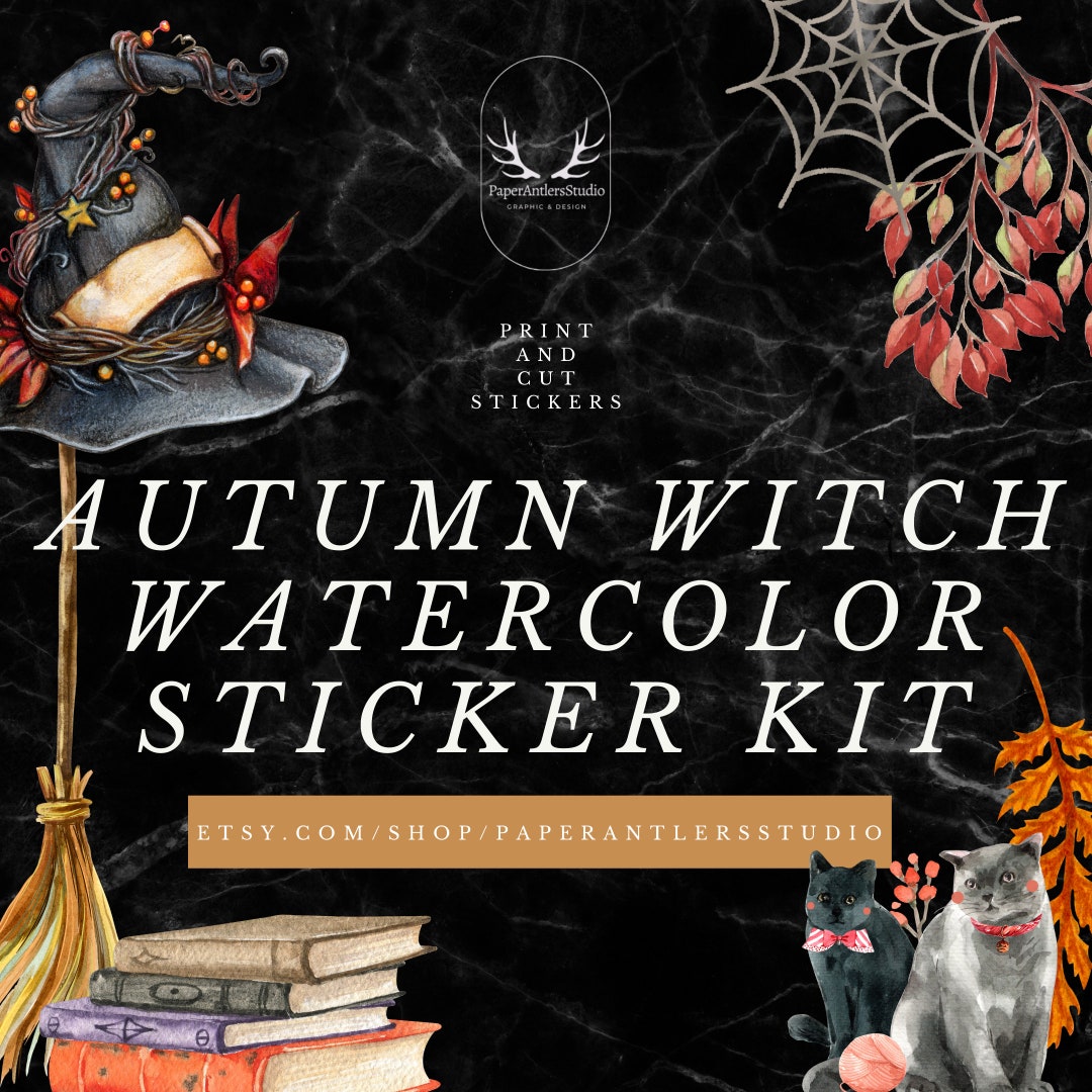 Printable Collage Autumn Fall Witch Elements Watercolor Journal Sticker ...