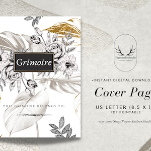 Floral Gold Leaf Book of Shadows Title Cover Page, Grimoire Cover Page / Digital Printable, Grimoire Book of Shadows Cover