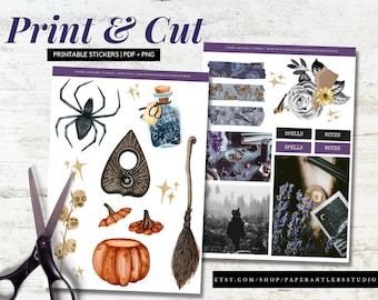 Wydrukowalne elementy czarownicy akwarela kolaż clipart dziennik naklejki zestaw | Cyfrowe naklejki do druku, Bullet Journal, Scrapbook, Ephemera