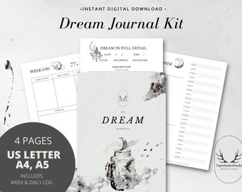Könnte beinhalten: Ein digitales Traumtagebuch-Kit mit einem Cover mit der Aufschrift "My Dream Journal". Das Kit enthält ein Wochenprotokoll, einen Tagesplaner und eine Seite zur Aufzeichnung von Traumdetails. Das Kit ist in den Größen US Letter, A4 und A5 erhältlich.
