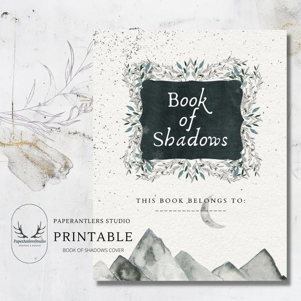 Grimoire, Book of Shadows Title Page Watercolor Mountains Moon / Digital Printable, Grimoire Book of Shadows Cover