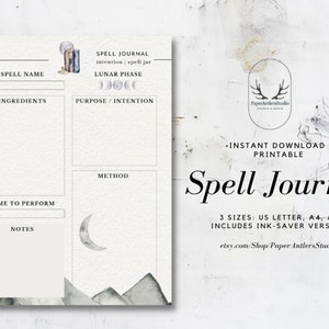 Spell Journal Page Grimoire Printable, Book of Shadows Watercolor Moon Mountain | Digital PDF Download | US Letter, A4, A5