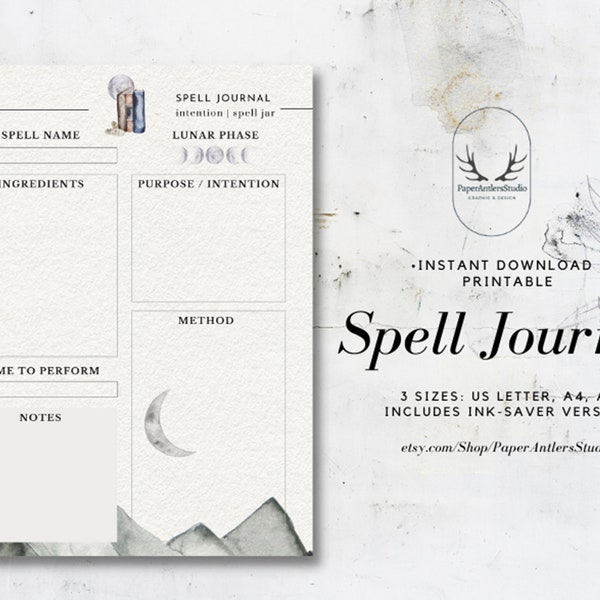 Spell Journal Page Grimoire Printable, Book of Shadows Watercolor Moon Mountain | Digital PDF Download | US Letter, A4, A5