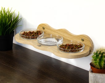 Wall mounting wood feeder 3 glass bowls for cats, small and medium dogs