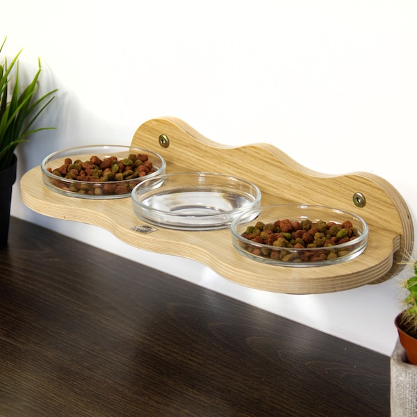 Wall mounting wood feeder 3 glass bowls for cats, small and medium dogs