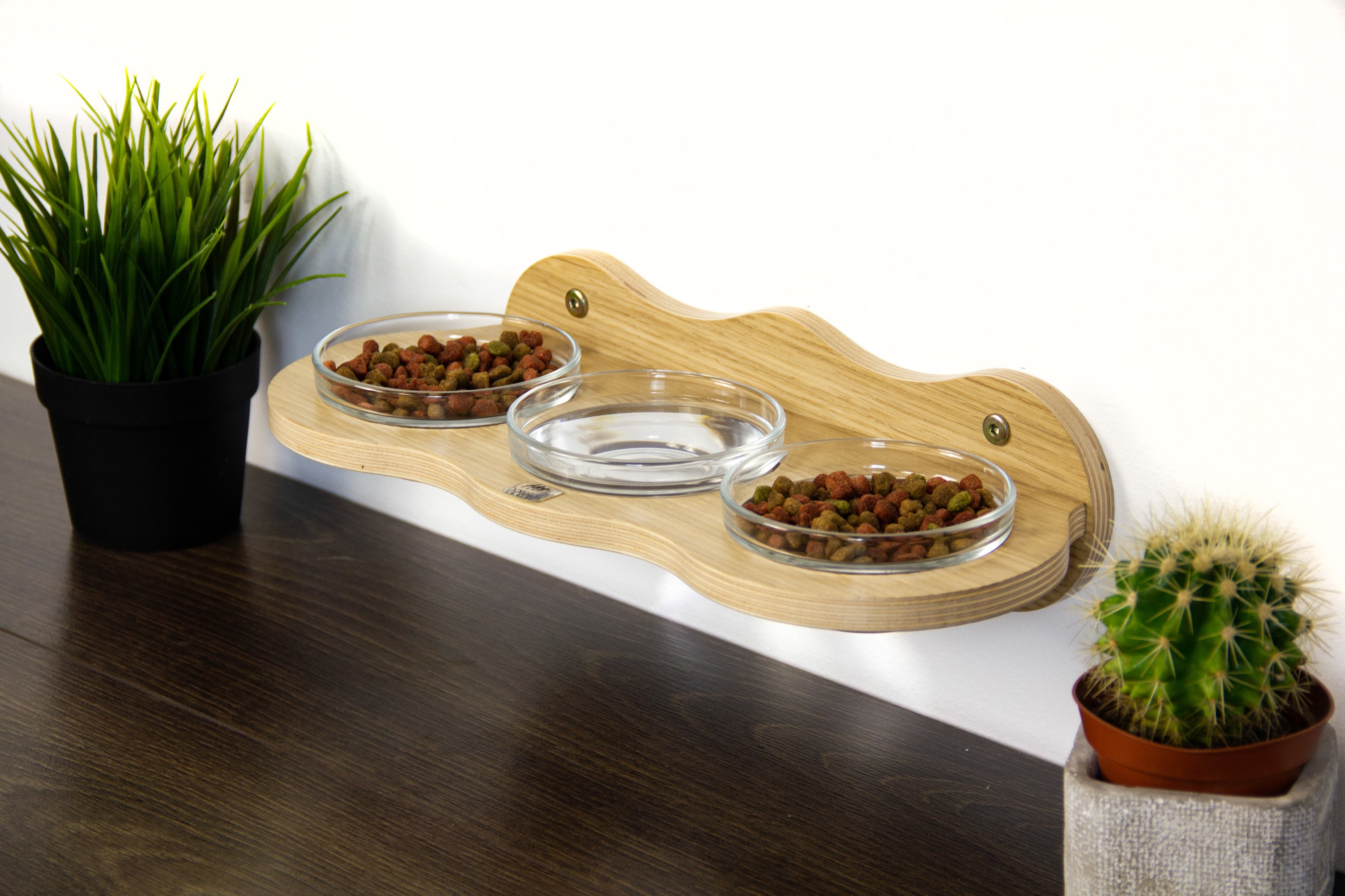 Wall Mounting Wood Feeder 3 Glass Bowls for Cats Small and Etsy