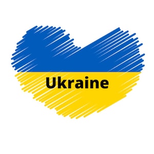 May include: A heart-shaped graphic of the Ukrainian flag, with blue and yellow stripes, and the word "Ukraine" written in black text.