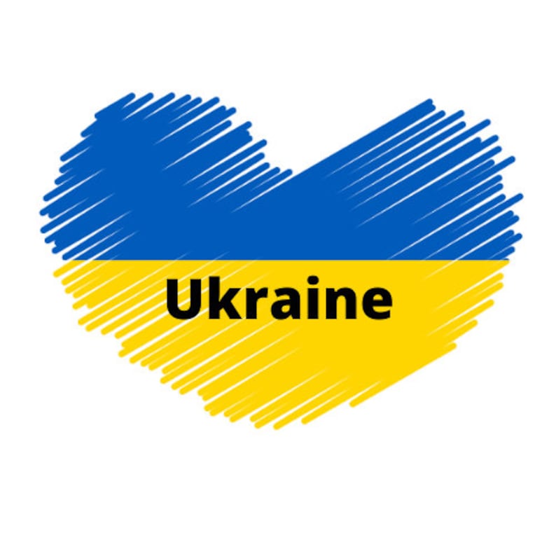 May include: A heart-shaped graphic of the Ukrainian flag, with blue and yellow stripes, and the word "Ukraine" written in black text.