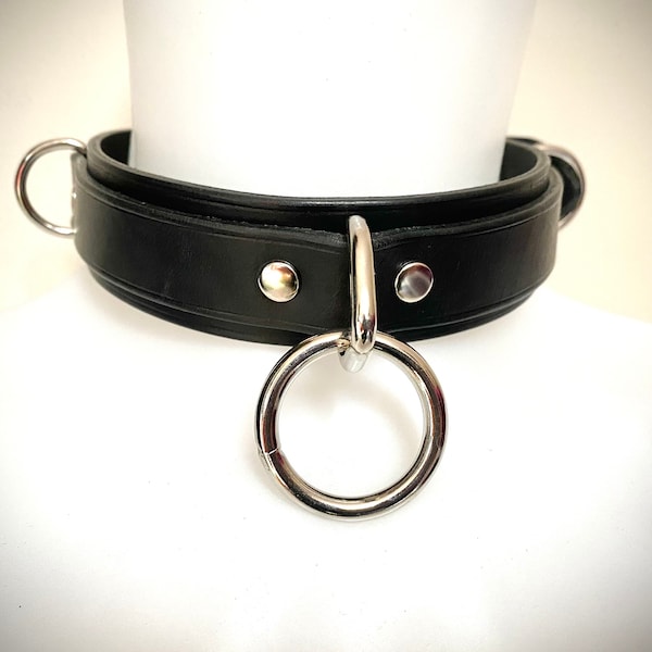Black Leather BDSM Collar, male or female fit, O ring, D rings, bondage, slave, sub, short lead available