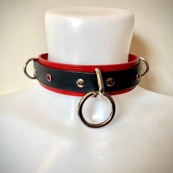Quality Leather BDSM Collar, Red and Black, O ring, D rings, diamanté studs. Bondage, slave, sub. Available with short or long lead