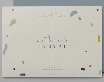 Modern, luxury Save the date card | Minimalist wedding invitation with colourful illustrated abstract shapes