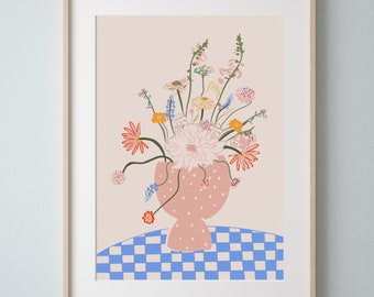 Wild Flower Abstract Print | Colourful floral vase Wall art | Botanical, blue, pink and yellow print