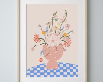 Wilde bloem abstracte print | Kleurrijke bloemenvaas Muurkunst | Botanische, blauwe, roze en gele print