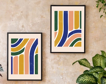 Set of 2 Abstract Prints | Colourful Wall Art | Contemporary Art for your Living Room | Mid century Modern Wall Decor