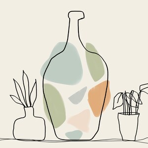 May include: Abstract line art illustration of a bottle shape with colourful, irregular shapes inside. Two small vases with plants are on either side of the bottle. The background is a solid, off-white colour.