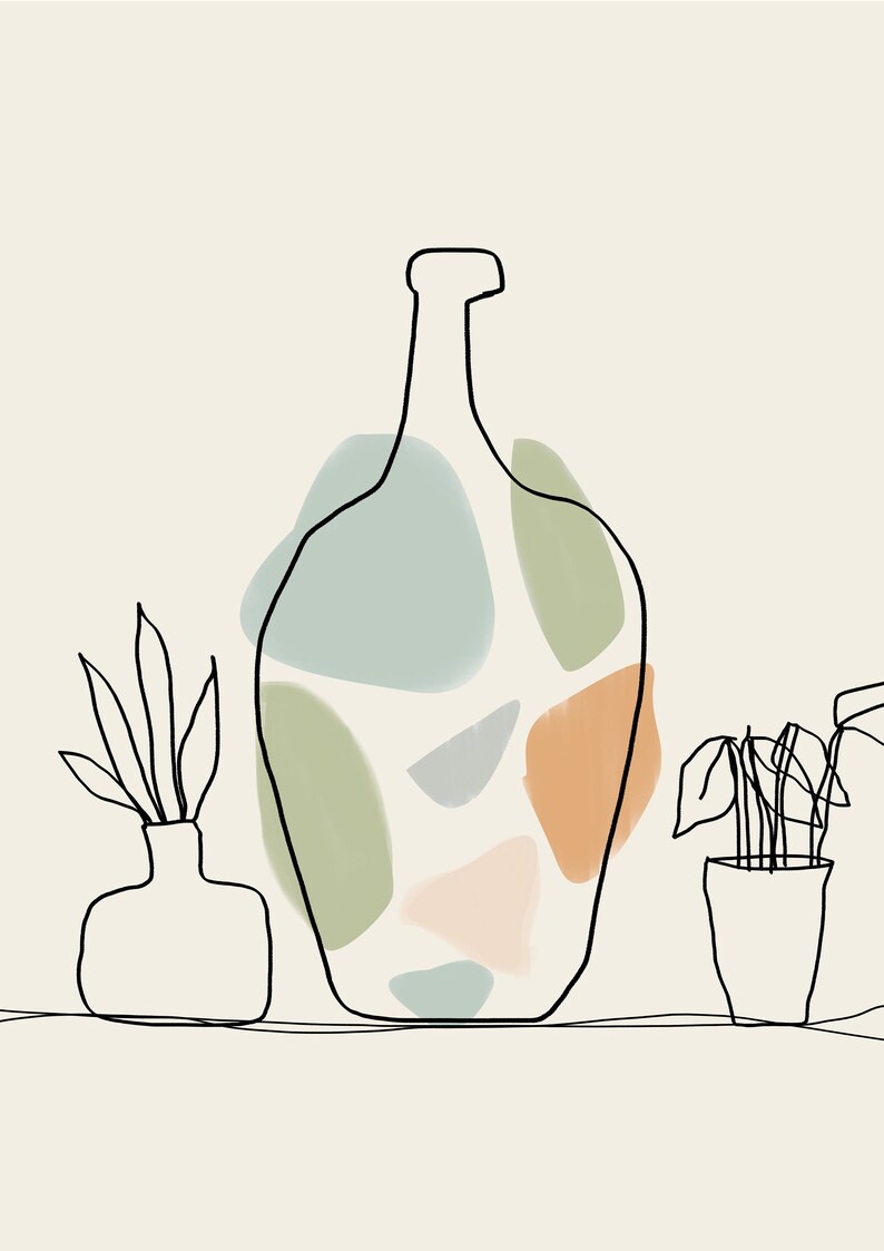 May include: Abstract line art illustration of a bottle shape with colourful, irregular shapes inside. Two small vases with plants are on either side of the bottle. The background is a solid, off-white colour.