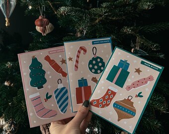 Kerstkaartenset van 3 | Geïllustreerde moderne kerstkaarten | Kleurrijke abstracte kaartenset