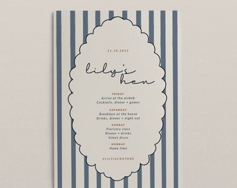 Hen Party Modern Itinerary design | Bridal shower Striped and Scalloped invitation | Bachelorette party itinerary