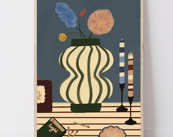 Blauw geïllustreerde moderne kunst aan de muur | Kleurrijk gestreepte bloemenprint | Bloemenvaas luxe print