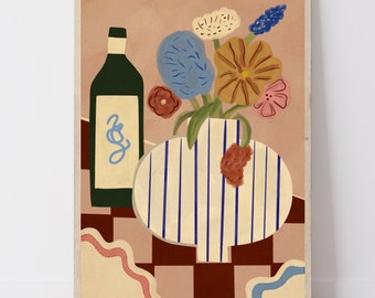 Moderne geïllustreerde kunst aan de muur | Kleurrijke strepen, gingham en Sint-jakobsschelpen met tablescape-print | Luxe bloemenprint