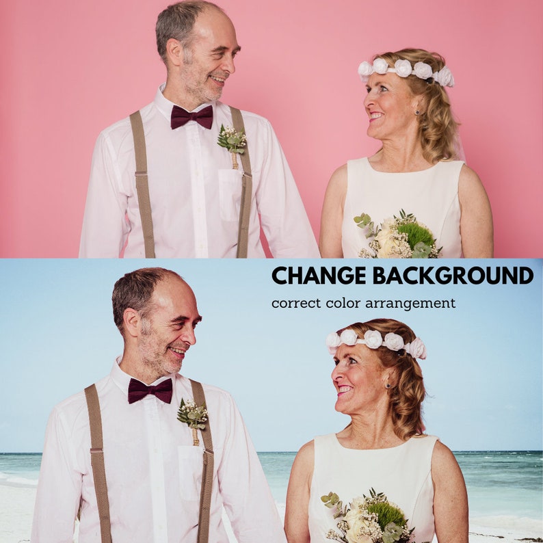 May include: A couple in white shirts and suspenders, with the groom wearing a burgundy bow tie and the bride wearing a white flower crown, stand in front of a pink background. The text "CHANGE BACKGROUND" and "correct color arrangement" is displayed below the couple.
