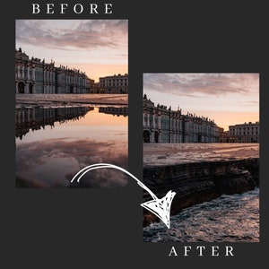 May include: A before and after image showing a building reflected in a puddle of water. The after image shows the same building with the water replaced by a rocky shoreline and ocean waves.