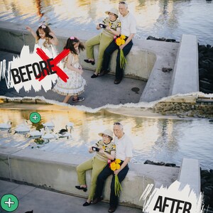 May include: An older couple poses for a photo while holding a bouquet of yellow flowers. The couple is sitting on a concrete ledge by a body of water. There are white swans swimming in the water.