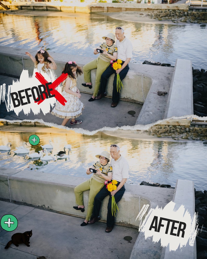 May include: An older couple poses for a photo while holding a bouquet of yellow flowers. The couple is sitting on a concrete ledge by a body of water. There are white swans swimming in the water.