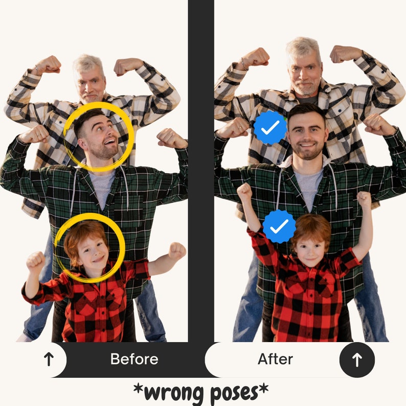 May include: Two adults and a child are posing for a photo. The adults are wearing plaid shirts and the child is wearing a red and black plaid shirt. The adults are flexing their biceps and the child is raising their arms in the air. The image is split into two sections, with the left side showing the incorrect poses and the right side showing the correct poses. The correct poses are marked with a blue checkmark.