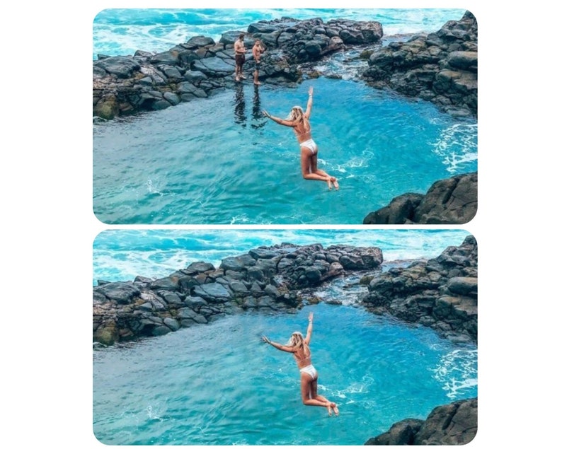 May include: Two people jump into a natural pool of clear blue water surrounded by dark gray rocks.