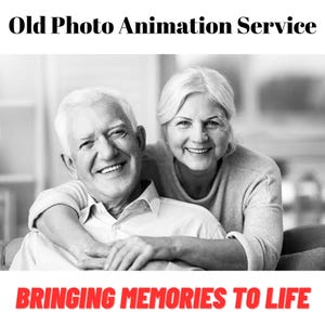 Peut inclure: Une photo en noir et blanc d'un couple âgé souriant et se tenant dans les bras l'un de l'autre. Le texte "Old Photo Animation Service" est en haut de l'image et le texte "Bringing Memories to Life" est en bas de l'image.