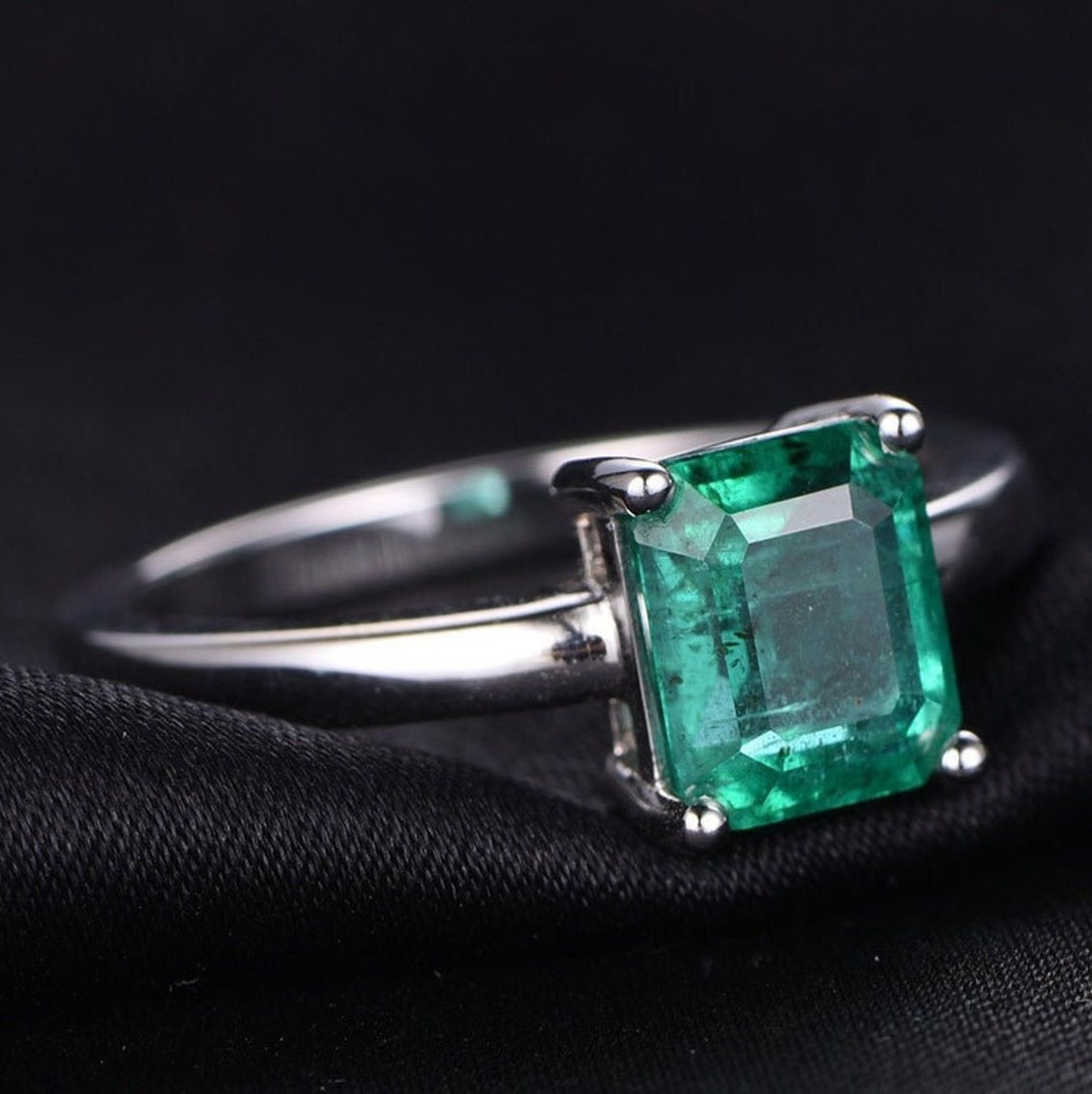 1.5ct Green Emerald Engagement Ring18K White Gold Band Simple Etsy