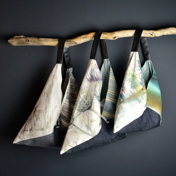 Eco Origami Tasche - Gefaltete japanische Schultertasche, handgefertigt aus recycelten Textilien. Tote, Bento, Boho, Hobo, Markt, Strand, Shopping, Handtasche.