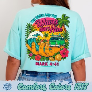 Christelijk strand-T-shirt comfortabele kleuren | Markus 4:41 Bijbelvers T-shirt | Overhemd golven gehoorzaamt | Preppy Faith-shirt | Florida Coast Co.