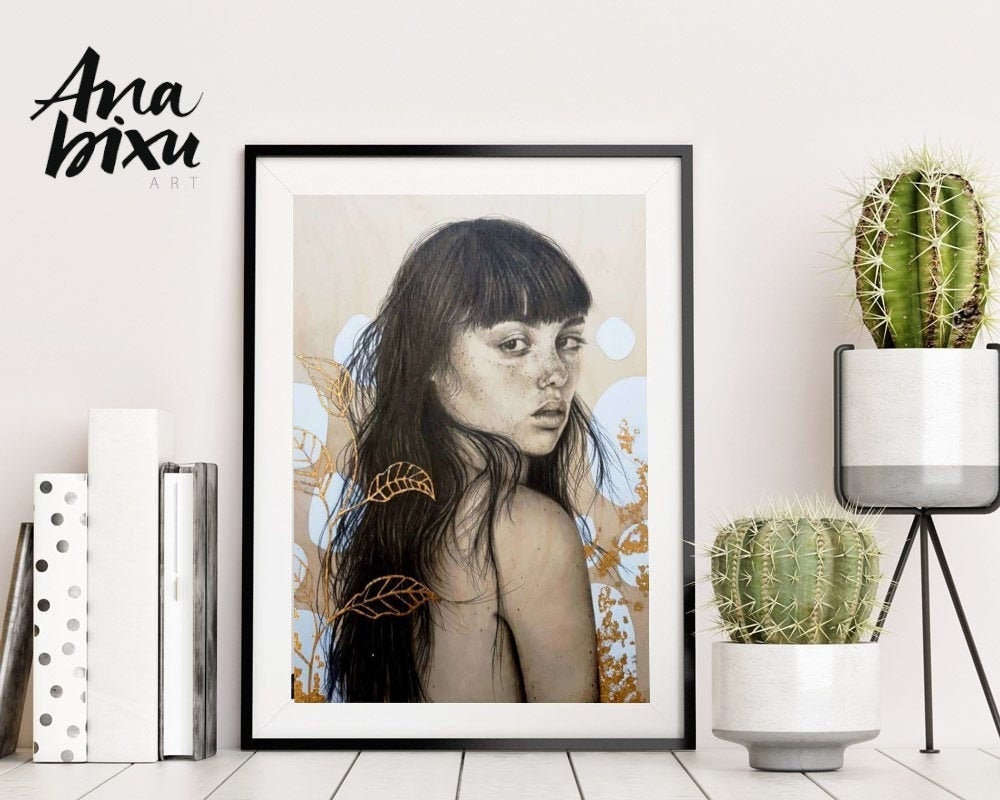 Original Graphite and Gold Leaf Drawing on Wood Panel: Modern Girl 