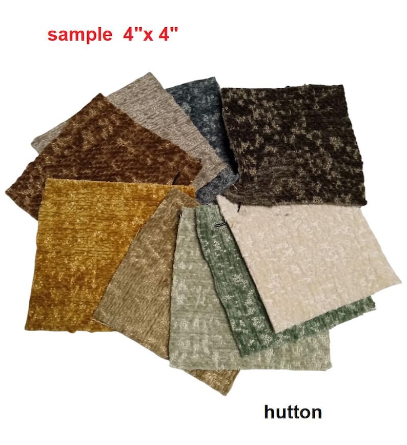 May include: A collection of fabric swatches, each measuring 4" x 4", in various colors including brown, gold, green, and gray. The swatches have a textured appearance. The word "sample" and the brand name "hutton" are visible.