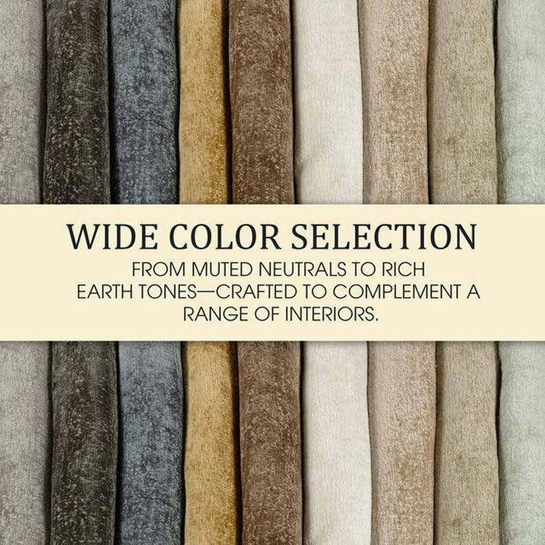May include: A close-up of a fabric color palette featuring a wide selection of muted neutrals and rich earth tones. The text "WIDE COLOR SELECTION" is displayed above the description "FROM MUTED NEUTRALS TO RICH EARTH TONES&mdash;CRAFTED TO COMPLEMENT A RANGE OF INTERIORS."