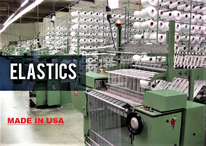 May include: A factory setting with multiple industrial machines weaving white elastic bands. The machines are green and have spools of white thread. The text "ELASTICS MADE IN USA" is visible in the image.