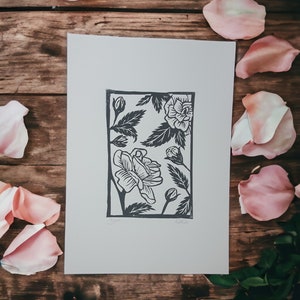 Original un-framed lino print - Blush rose design - Hand printed original linocut design - A4 size